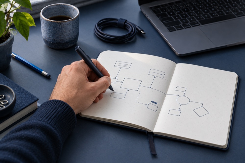 Illustrative blue-toned workbench: a left hand sketching a workflow beside a laptop